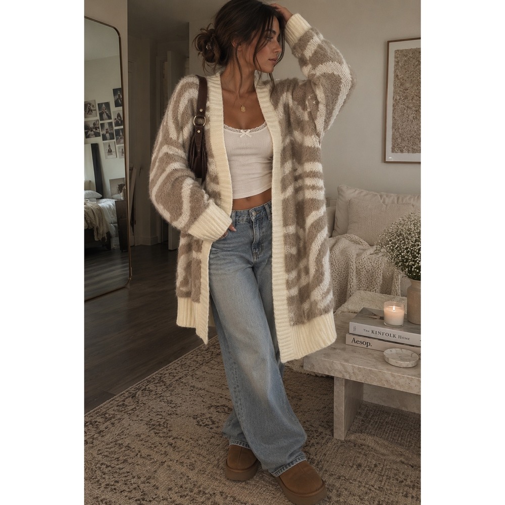 Cardigan Womens Viscose L Crozy Minimalist Coastal Grandmother Beige Cream Fuzzy